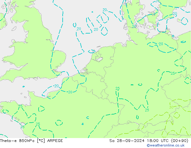 Theta-e 850hPa ARPEGE za 28.09.2024 18 UTC