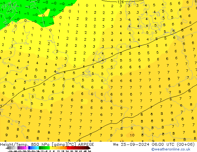 Geop./Temp. 850 hPa ARPEGE mié 25.09.2024 06 UTC