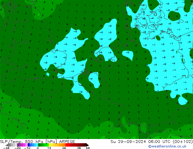 SLP/Temp. 850 hPa ARPEGE Ne 29.09.2024 06 UTC