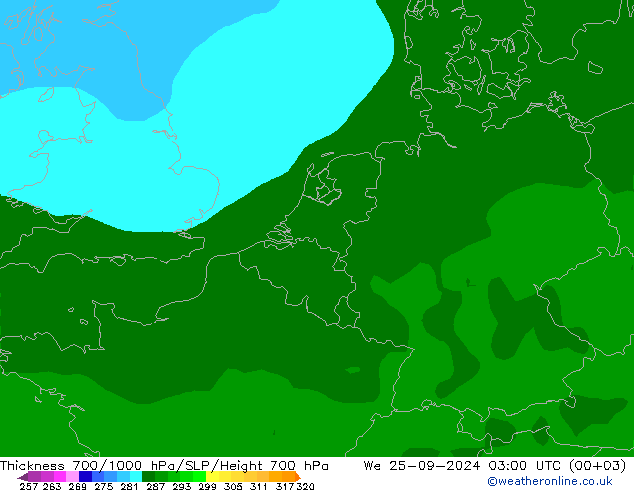 Thck 700-1000 hPa ARPEGE Qua 25.09.2024 03 UTC