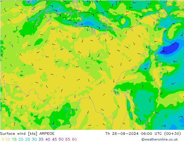 Surface wind ARPEGE Th 26.09.2024 06 UTC