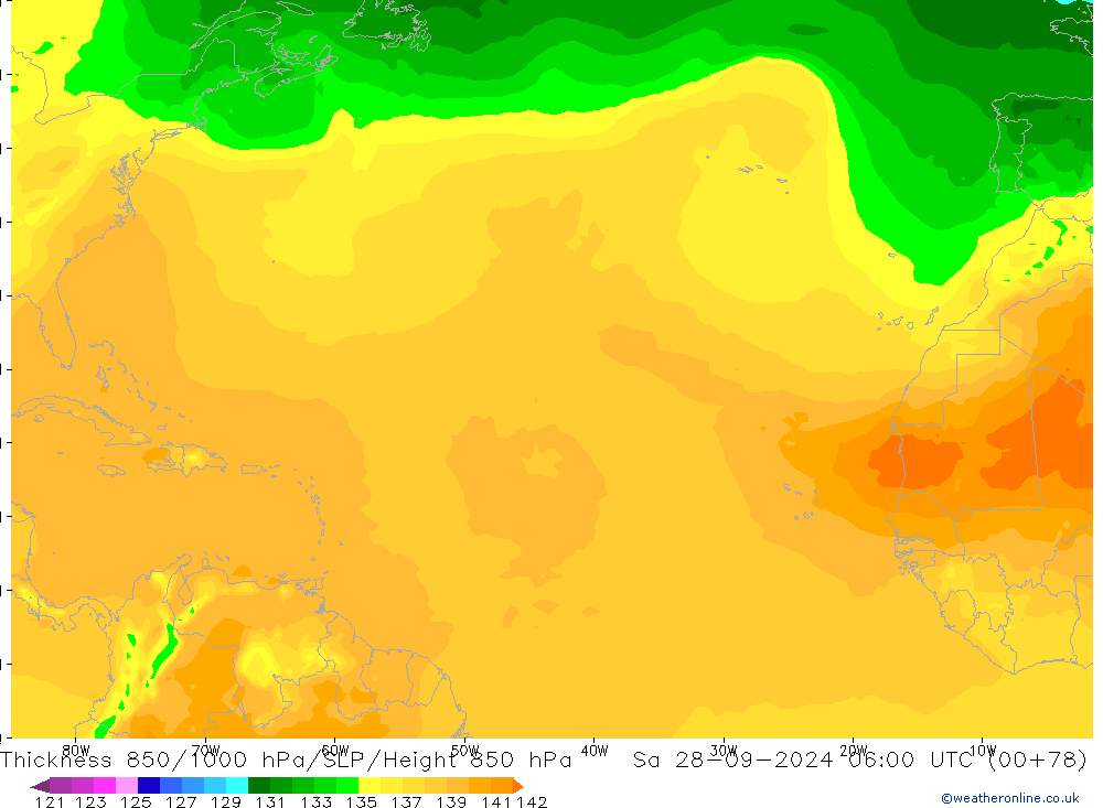 Thck 850-1000 гПа ARPEGE сб 28.09.2024 06 UTC