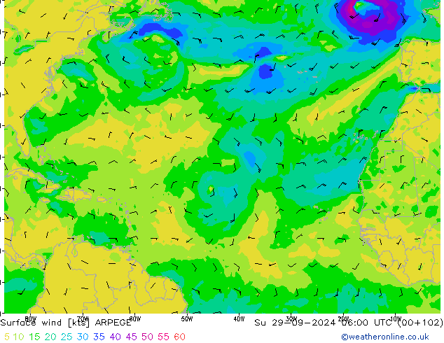 Wind 10 m ARPEGE zo 29.09.2024 06 UTC