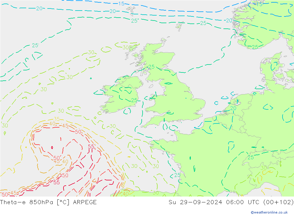 Theta-e 850hPa ARPEGE Su 29.09.2024 06 UTC