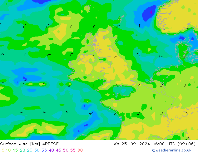 Vent 10 m ARPEGE mer 25.09.2024 06 UTC