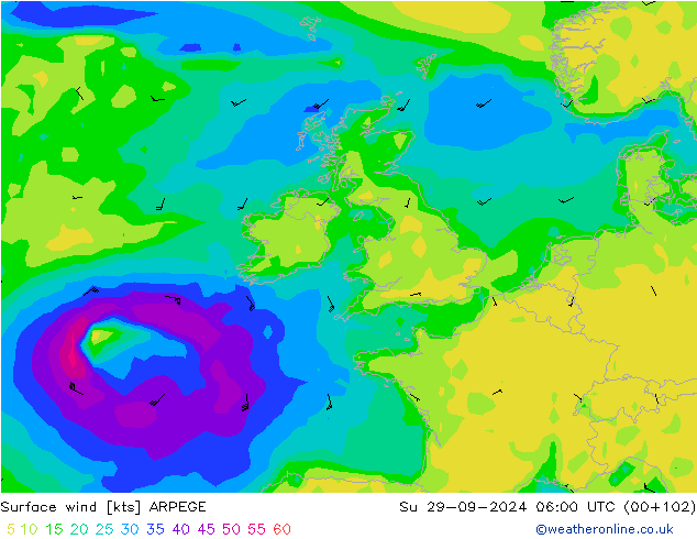 ветер 10 m ARPEGE Вс 29.09.2024 06 UTC