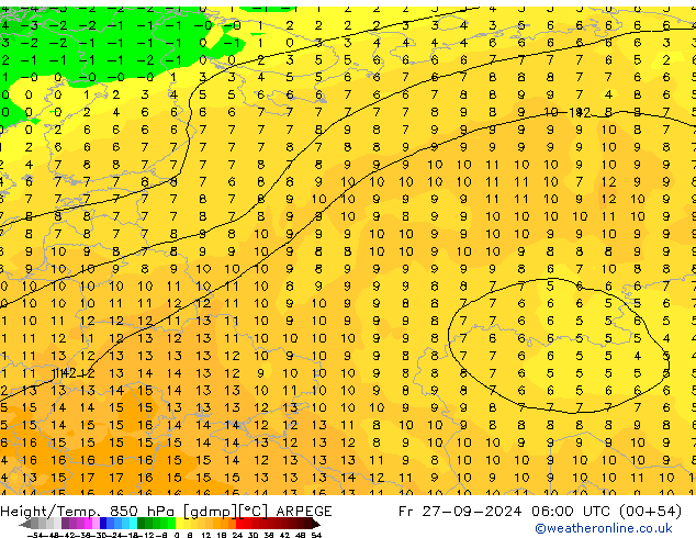 Geop./Temp. 850 hPa ARPEGE vie 27.09.2024 06 UTC