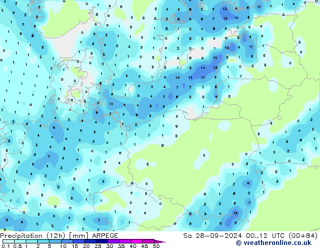 Precipitation (12h) ARPEGE Sa 28.09.2024 12 UTC