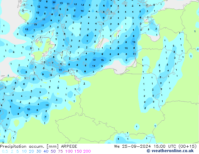 Precipitation accum. ARPEGE We 25.09.2024 15 UTC