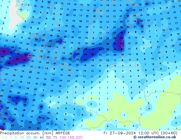 Precipitación acum. ARPEGE vie 27.09.2024 12 UTC