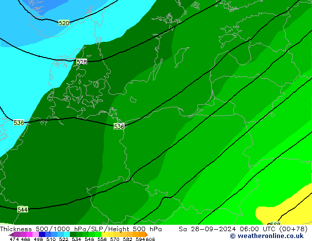 Espesor 500-1000 hPa ARPEGE sáb 28.09.2024 06 UTC