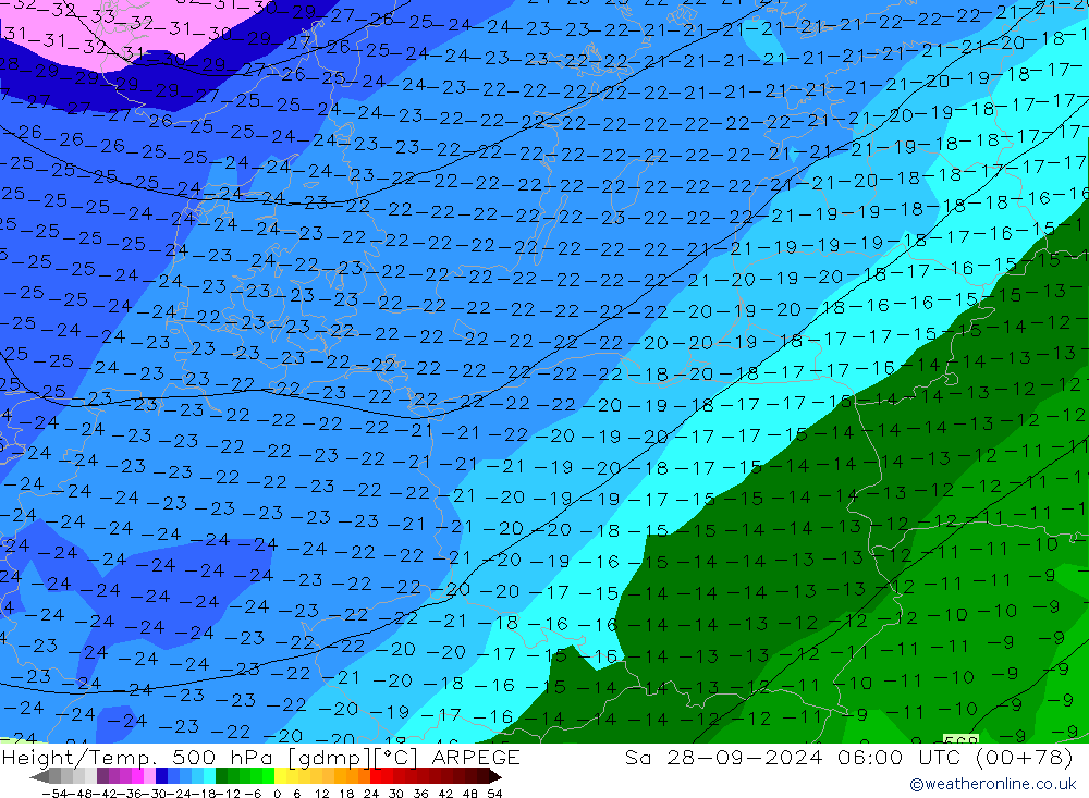 Geop./Temp. 500 hPa ARPEGE sáb 28.09.2024 06 UTC