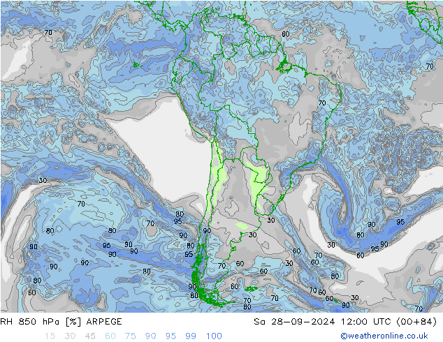 RH 850 hPa ARPEGE sab 28.09.2024 12 UTC