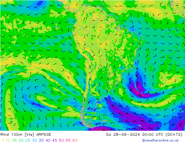 Vento 100m ARPEGE sab 28.09.2024 00 UTC
