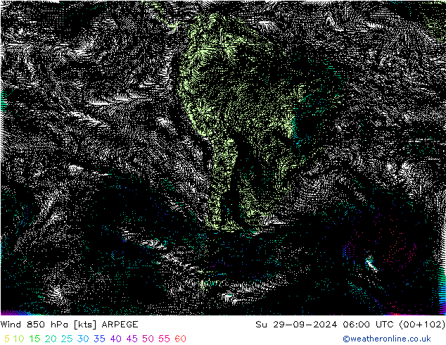 Wind 850 hPa ARPEGE Su 29.09.2024 06 UTC