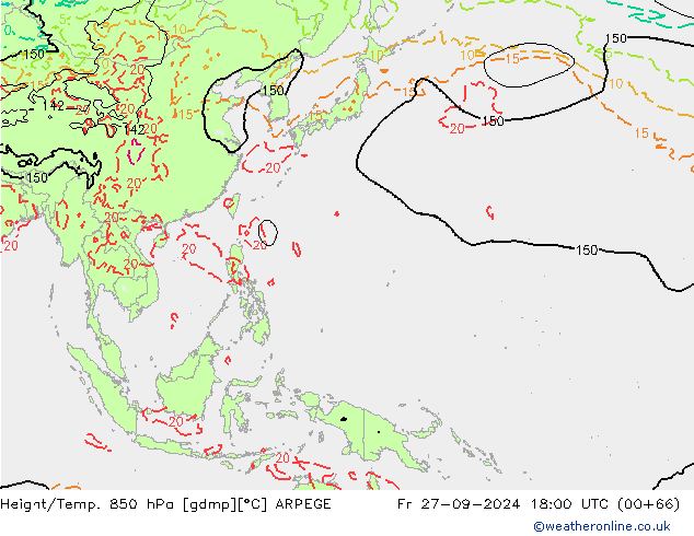 Height/Temp. 850 hPa ARPEGE Fr 27.09.2024 18 UTC