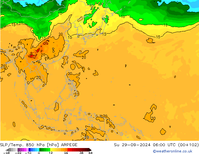 SLP/Temp. 850 hPa ARPEGE Dom 29.09.2024 06 UTC