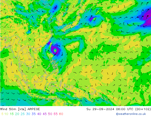 Wind 50m ARPEGE Su 29.09.2024 06 UTC