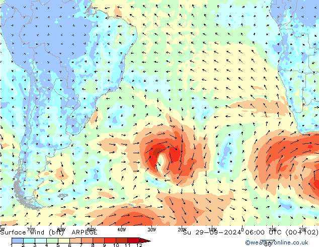 Vent 10 m (bft) ARPEGE dim 29.09.2024 06 UTC