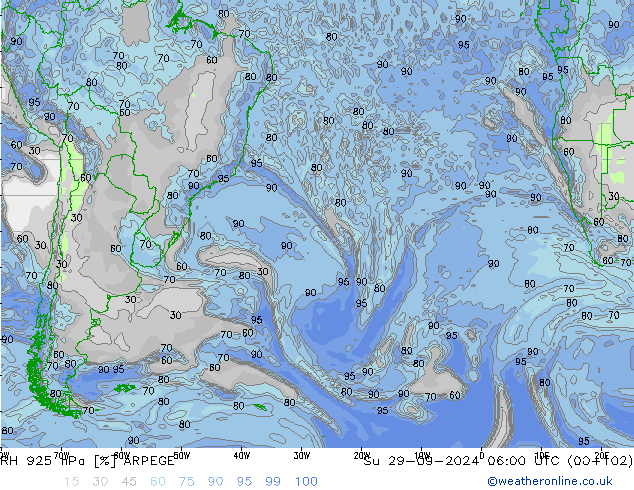 RH 925 hPa ARPEGE Su 29.09.2024 06 UTC