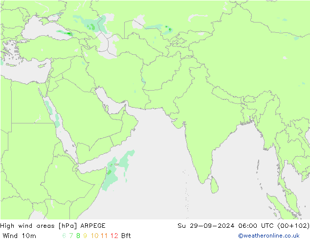 High wind areas ARPEGE dom 29.09.2024 06 UTC