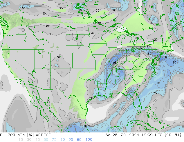 Humedad rel. 700hPa ARPEGE sáb 28.09.2024 12 UTC