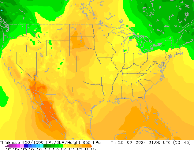 Thck 850-1000 hPa ARPEGE Th 26.09.2024 21 UTC