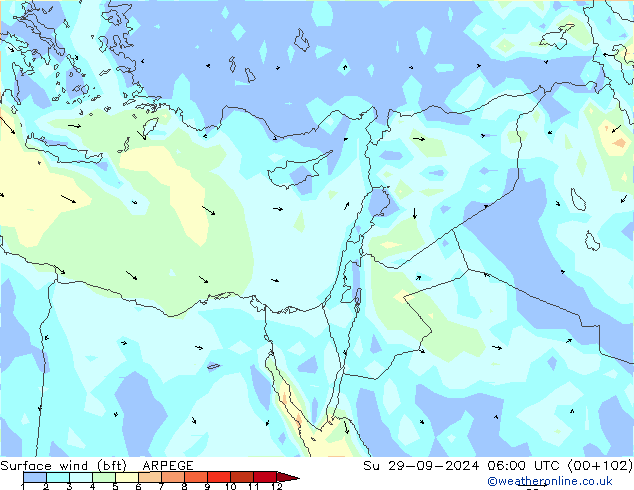 Surface wind (bft) ARPEGE Su 29.09.2024 06 UTC