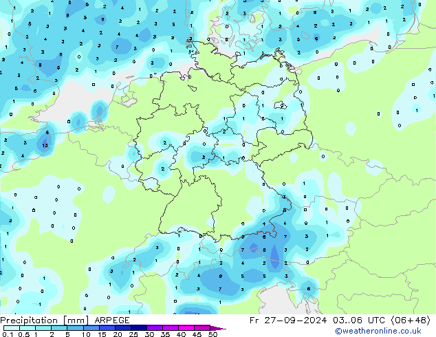 Srážky ARPEGE Pá 27.09.2024 06 UTC