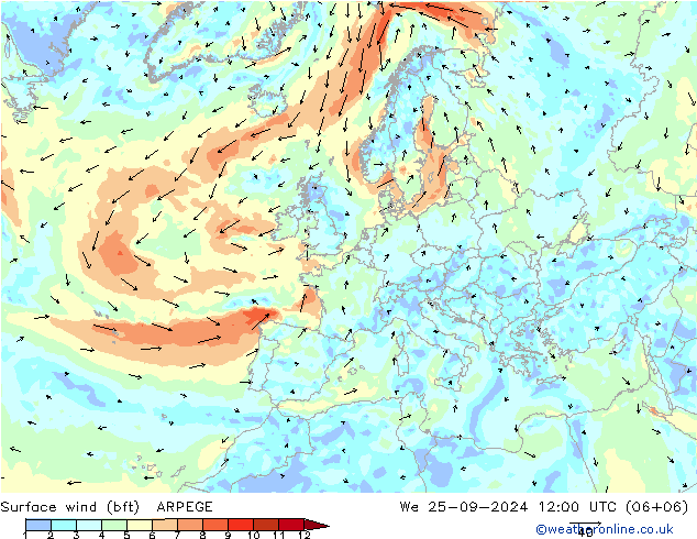 Viento 10 m (bft) ARPEGE mié 25.09.2024 12 UTC