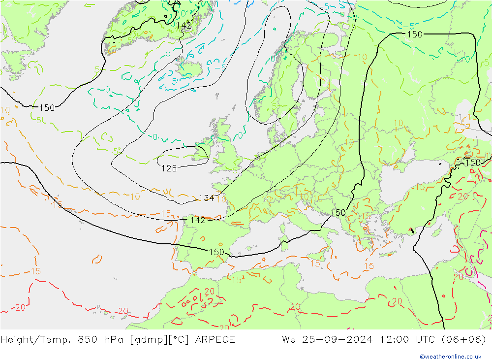 Yükseklik/Sıc. 850 hPa ARPEGE Çar 25.09.2024 12 UTC