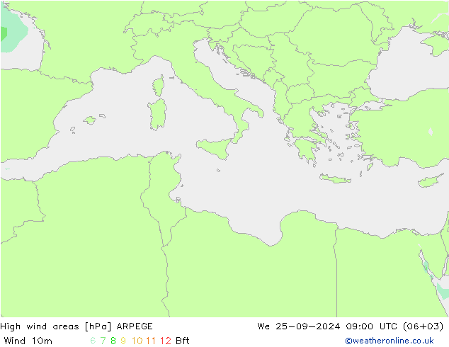 High wind areas ARPEGE We 25.09.2024 09 UTC