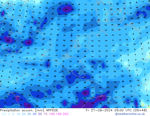 Precipitation accum. ARPEGE Fr 27.09.2024 06 UTC