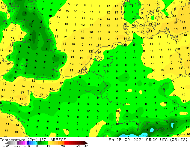 Temperatura (2m) ARPEGE sab 28.09.2024 06 UTC