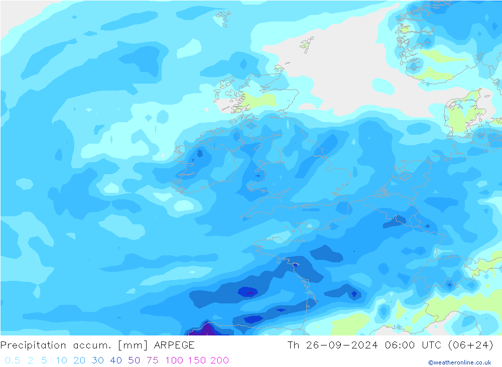 Precipitation accum. ARPEGE Th 26.09.2024 06 UTC