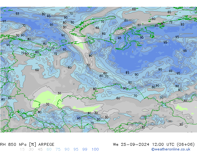 RH 850 гПа ARPEGE ср 25.09.2024 12 UTC