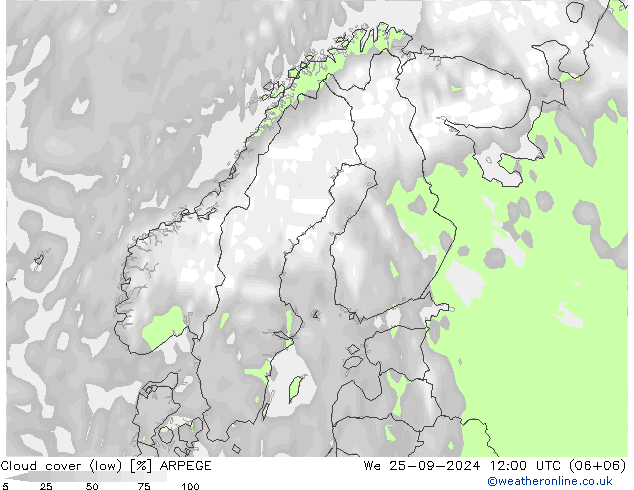 Cloud cover (low) ARPEGE We 25.09.2024 12 UTC