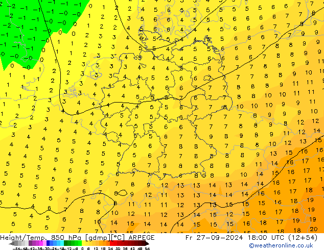 Height/Temp. 850 hPa ARPEGE ven 27.09.2024 18 UTC