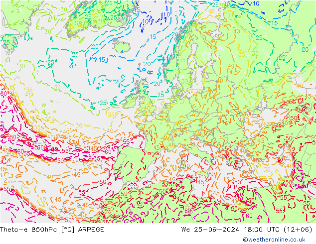 Theta-e 850hPa ARPEGE śro. 25.09.2024 18 UTC