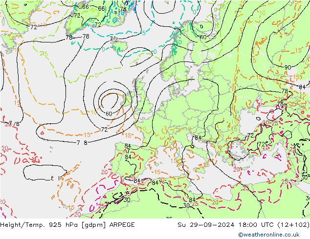 Height/Temp. 925 hPa ARPEGE Su 29.09.2024 18 UTC