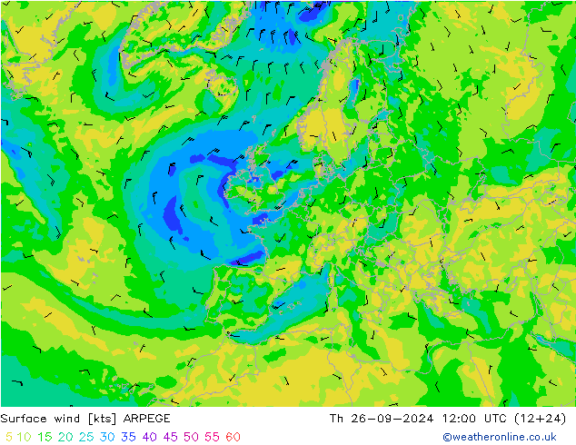 Viento 10 m ARPEGE jue 26.09.2024 12 UTC