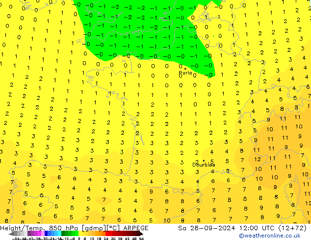 Height/Temp. 850 hPa ARPEGE sab 28.09.2024 12 UTC