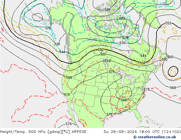 Hoogte/Temp. 500 hPa ARPEGE zo 29.09.2024 18 UTC