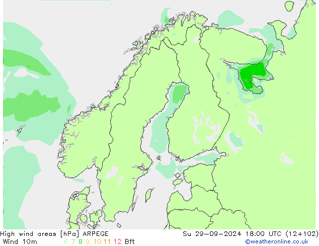 High wind areas ARPEGE Su 29.09.2024 18 UTC