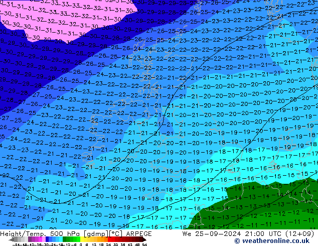 Hoogte/Temp. 500 hPa ARPEGE wo 25.09.2024 21 UTC