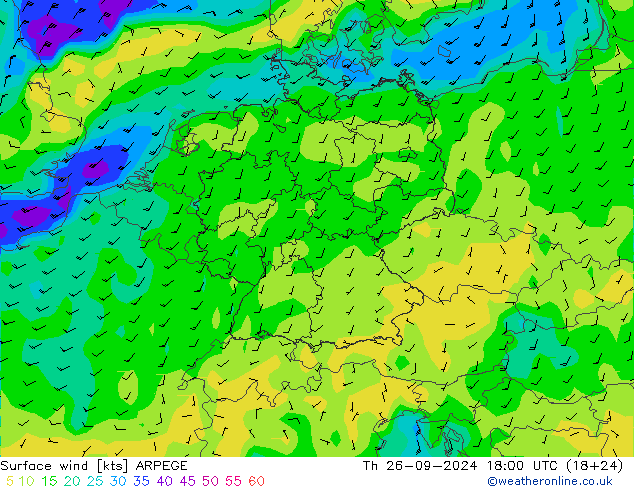 Surface wind ARPEGE Th 26.09.2024 18 UTC