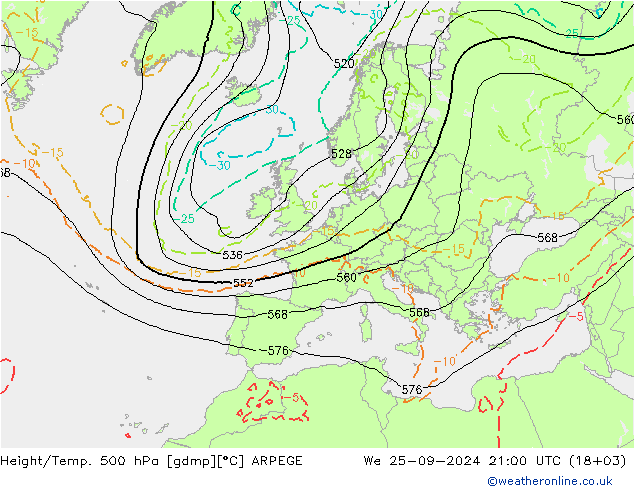 Height/Temp. 500 hPa ARPEGE śro. 25.09.2024 21 UTC