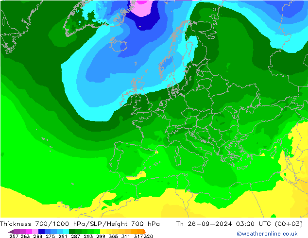 Thck 700-1000 hPa ARPEGE Qui 26.09.2024 03 UTC