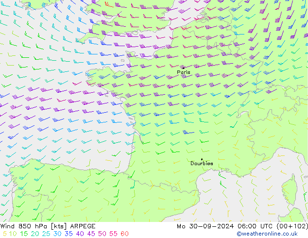 Wind 850 hPa ARPEGE Po 30.09.2024 06 UTC