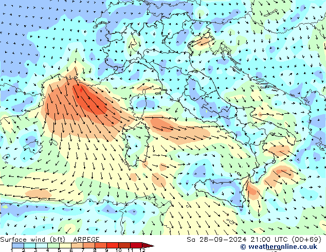 ве�Bе�@ 10 m (bft) ARPEGE сб 28.09.2024 21 UTC